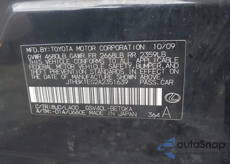 2010 Lexus Es 350 from USA, damaged, VIN JTHBK1EG2A2351639